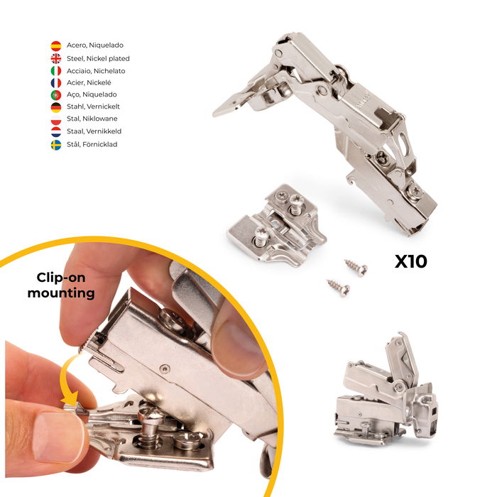 Emuca Lote de 10 bisagras supercodo X91 apertura 165 grados con cierre suave y suplementos Euro, Altura 0, Acero, Niquelado Emuca Lote de 10 bisagras supercodo X91 apertura 165 grados con cierre suave y suplementos Euro, Altura 0, Acero, Niquelado