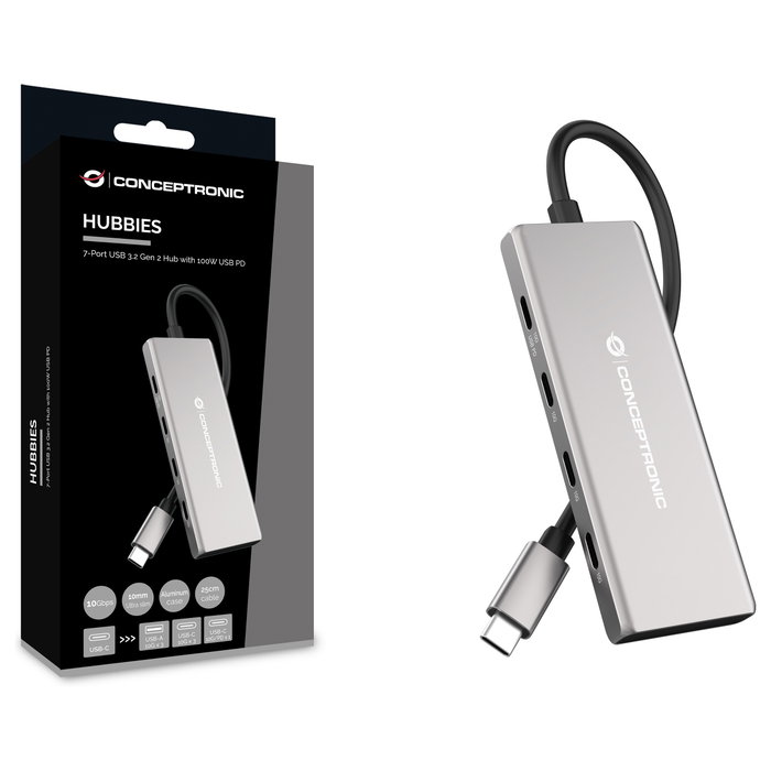 Conceptronic HUBBIES17G Hub USB 3.2 Gen-2 de 7 puertos (4x USB-C, 3x USB-A), 10 Gbps, Gris