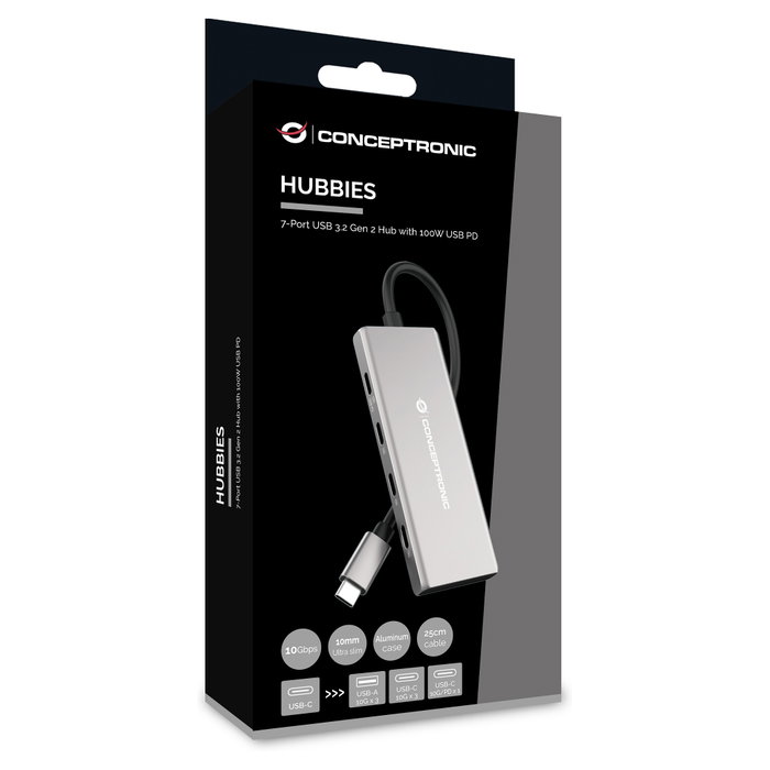 Conceptronic HUBBIES17G Hub USB 3.2 Gen-2 de 7 puertos (4x USB-C, 3x USB-A), 10 Gbps, Gris