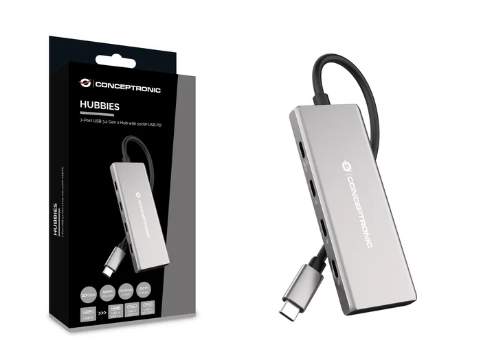 Conceptronic HUBBIES17G Hub USB 3.2 Gen 2 de 7 puertos, 10Gbps, Gris