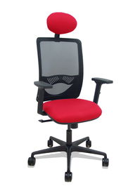 Silla de oficina Zulema con mecanismo Sincro tapizada con Tela color Rojo y malla color Negro. Equipada con lumbar 1D, Brazos 2D, Cabecero Fijo y Ruedas 65mm nailon
