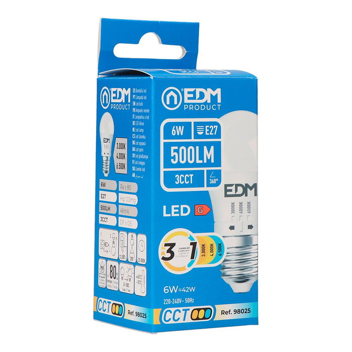 EDM Bombilla LED Esférica P45 E27, 6W 500lm, 3 Temperaturas Color (3000K/4000K/6500K), 360° Flujo Luminoso, Ø45x88 mm, Clase G, 220-240V