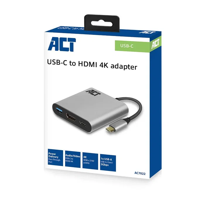 ACT Connectivity Adaptador USB-C a HDMI 4K, USB-A y Power Delivery AC7022 Gris ACT Connectivity Adaptador USB-C a HDMI 4K, USB-A y Power Delivery AC7022 Gris