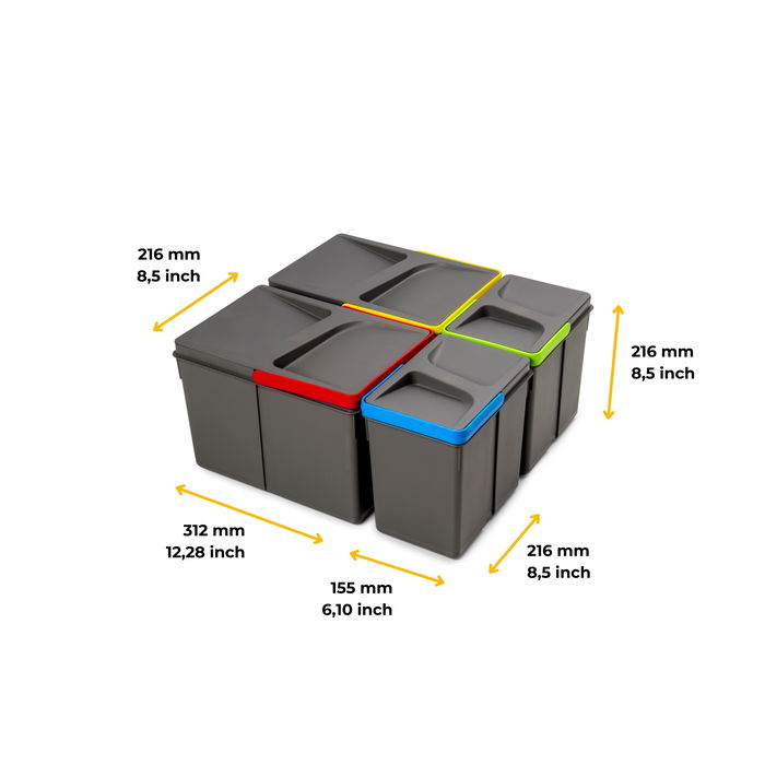 Emuca Kit de contenedores de reciclaje para cajón de cocina Recycle altura 216mm, 2x12litros, 2x6litros, Plástico gris antracita