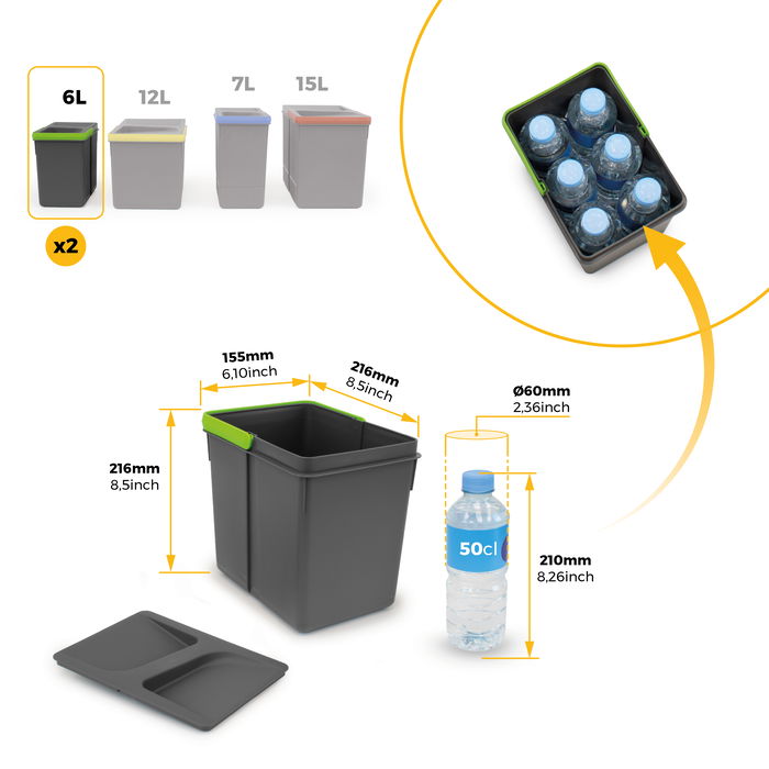Emuca Kit de contenedores de reciclaje para cajón de cocina Recycle altura 216mm, 2x12litros, 2x6litros, Plástico gris antracita