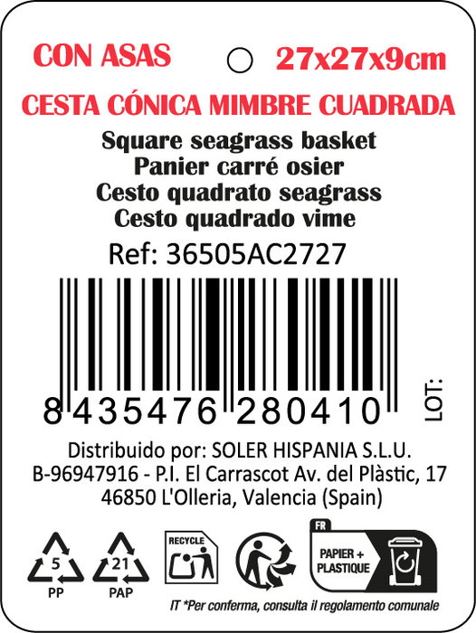 Inde Cesta Cónica de Mimbre Cuadrada con Asa 27 cm x 27 cm x 9 cm (8 Unidades)