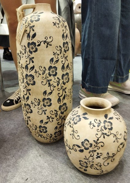 DKD Home Decor Jarrón Terracota Floral Artesanal Blanco y Azul