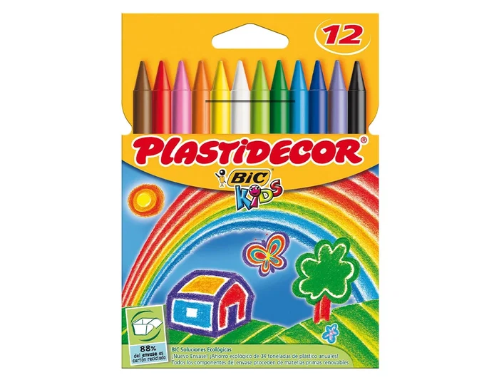 Plastidecor Lápices de Cera Caja 12 Colores Surtidos para Uso Escolar