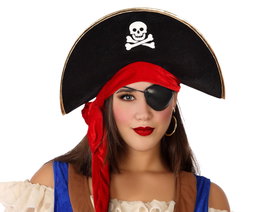 Sombrero Pirata Negro Calavera Cruzada con Pañuelo Rojo