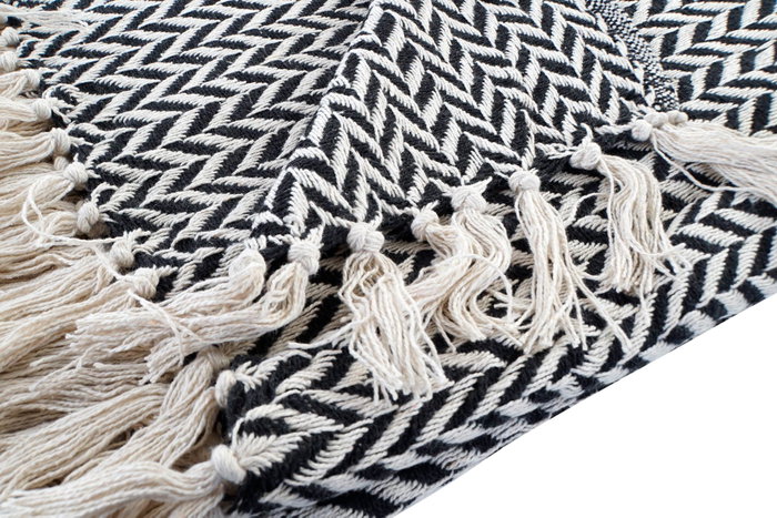 DKD Home Decor Plaid Boho Negro Blanco Herringbone Flecos Geometria 130 x 170 cm (2 Unidades) 100% Algodón
