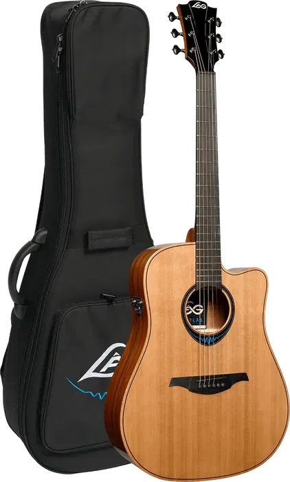 LAG Guitarra Acústica Electroacústica Dreadnought Cutaway Blue Wave 2, Tapa Cedro Rojo Macizo, Fondo y Aros Palisandro Santos, Acabado Brillante