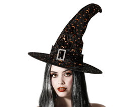 Atosa Sombrero de Bruja Negro con Estrellas y Lunas Cobrizas