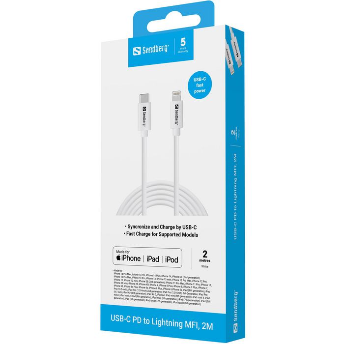 Sandberg Cable USB-C a Lightning MFI de 2 Metros, para iPhone y iPad, Carga Rápida PD