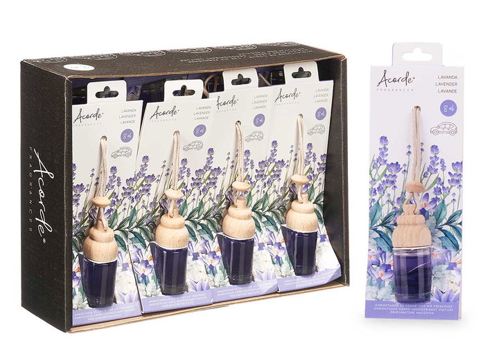 Acorde Ambientador de Coche con Fragancia Lavanda, 8 ml, Vidrio Morado, Dimensiones: 2.5 x 6 x 2.5 cm (Set de 24)