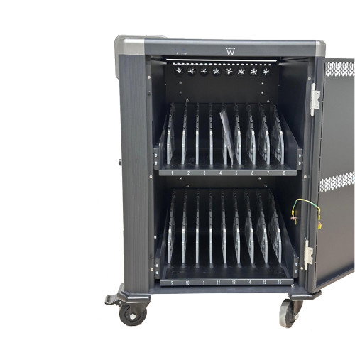 Ewent EW1703 - Carro de Gestión y Carga para 16 Portátiles y Tabletas (Hasta 17'') con Puertas con Llave, Estantes Ranurados y Sistema de Carga Inteligente - Negro y Gris