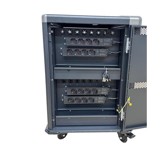 Ewent EW1703 - Carro de Gestión y Carga para 16 Portátiles y Tabletas (Hasta 17'') con Puertas con Llave, Estantes Ranurados y Sistema de Carga Inteligente - Negro y Gris