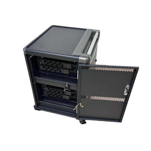 Ewent EW1703 - Carro de Gestión y Carga para 16 Portátiles y Tabletas (Hasta 17'') con Puertas con Llave, Estantes Ranurados y Sistema de Carga Inteligente - Negro y Gris