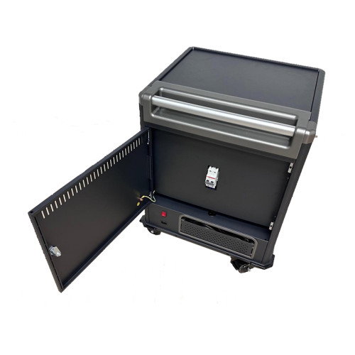 Ewent EW1703 - Carro de Gestión y Carga para 16 Portátiles y Tabletas (Hasta 17'') con Puertas con Llave, Estantes Ranurados y Sistema de Carga Inteligente - Negro y Gris