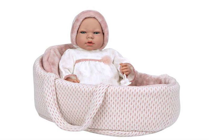 Muñecas Arias Muñeca Elegance 40 cm Andie Rosa con Capazo, Mecanismo de Llanto Try Me, Incluye Bolsa, Con Pilas y Sonidos, Edad 3+ Años