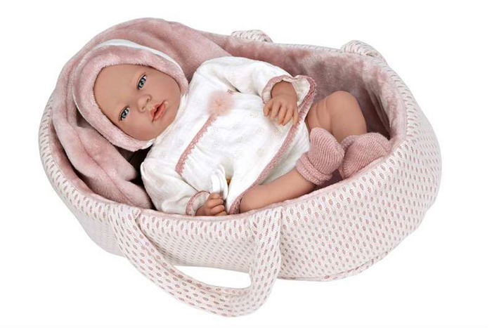 Muñecas Arias Muñeca Elegance 40 cm Andie Rosa con Capazo, Mecanismo de Llanto Try Me, Incluye Bolsa, Con Pilas y Sonidos, Edad 3+ Años