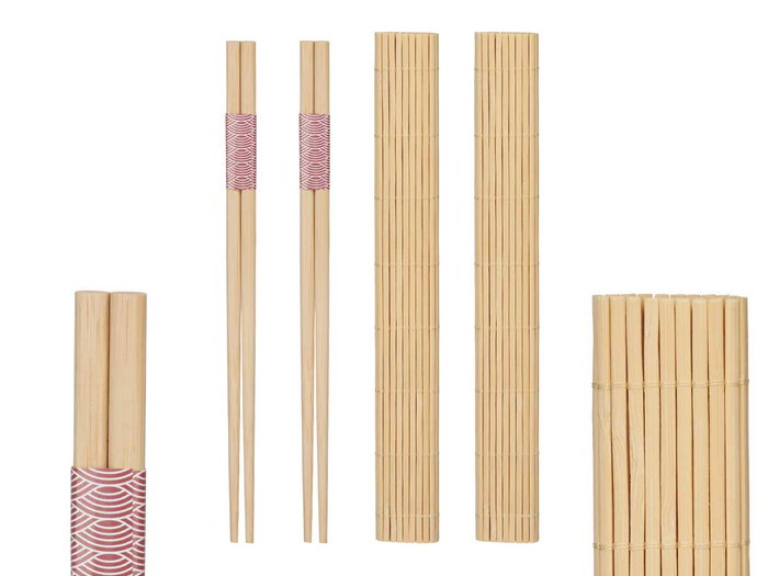 Kinvara Set de Sushi, 4 Palillos y 2 Esterillas de Bambú, Color Madera, 4.5 x 24 x 2.5 cm (Set de 48)