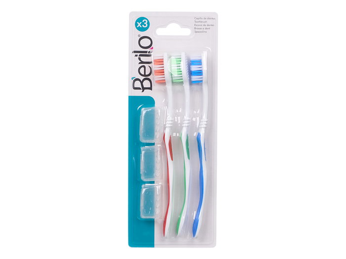 BERILO Set de 3 cepillos de dientes con 3 fundas