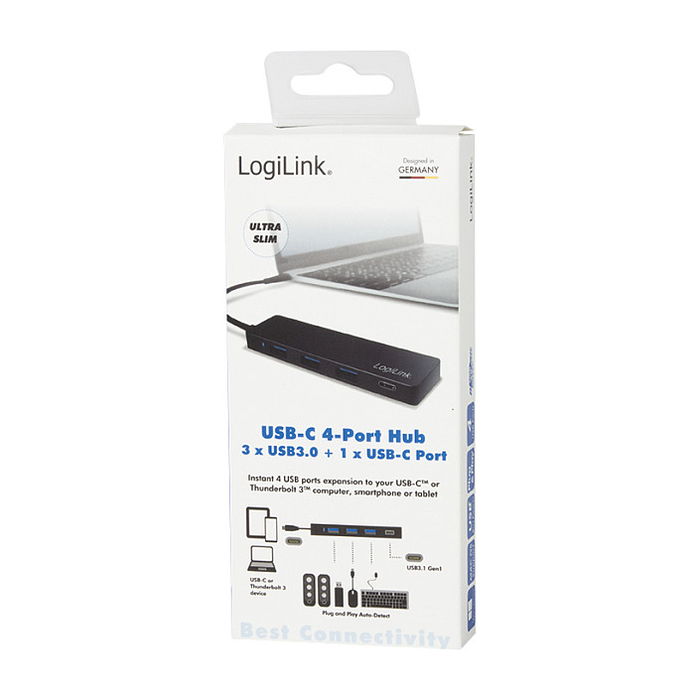 LogiLink Hub USB 3.1 Tipo C con 4 Puertos, 3 USB-A + 1 USB-C, Negro - Ideal para Portátil, PC