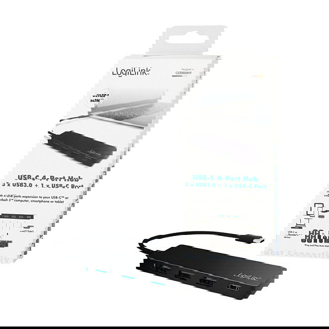 LogiLink Hub USB 3.1 Tipo C con 4 Puertos, 3 USB-A + 1 USB-C, Negro - Ideal para Portátil, PC