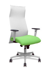 Sillón Albacete con mecanismo Sincro tapizada con Tela color Pistacho y malla color Blanco. Equipado con Base poliamida blanca, Brazos 1D y Ruedas 65 mm parqué