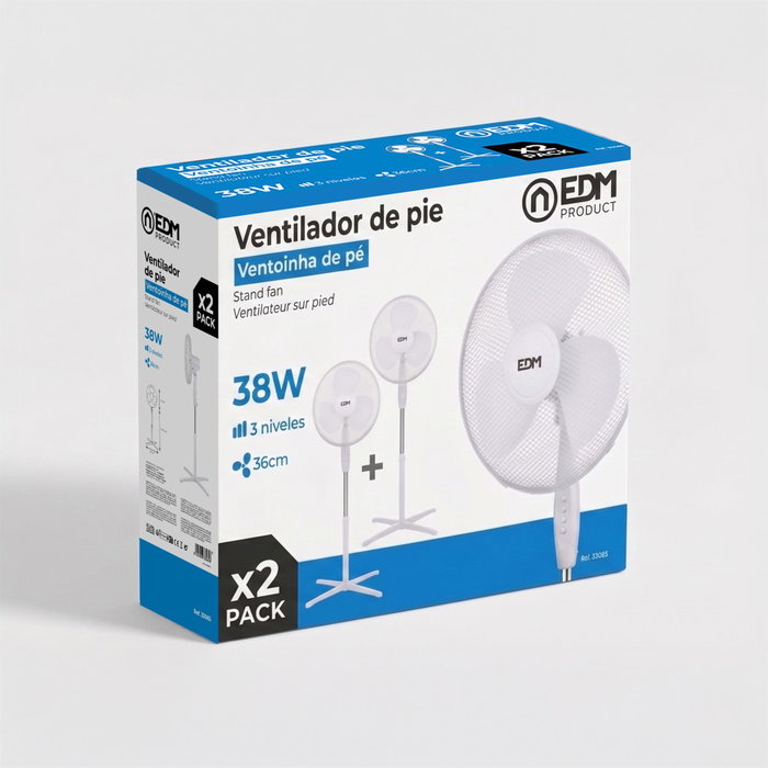 Edm - Pack de 2 Ventiladores de Pie Blancos, 38 W, 3 Velocidades, Ø40 cm, Cabezal Oscilante, Altura Regulable 98-122 cm, Rejilla de Seguridad, Silencioso 30 dB, Flujo Aire 3130 m³/h
