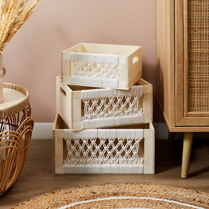 Home Deco Factory Juego 3 Cajas Madera Boho Algodón Paulownia 25-35 cm