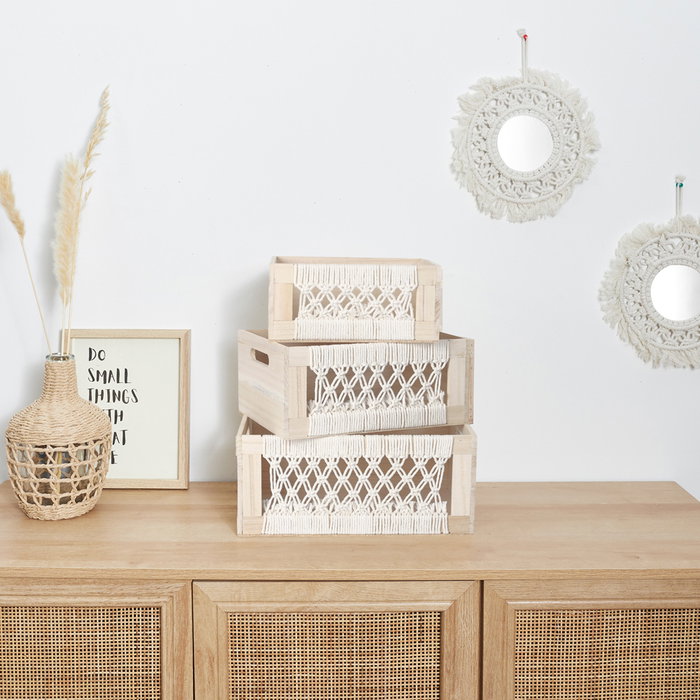 Home Deco Factory Juego 3 Cajas Madera Boho Algodón Paulownia 25-35 cm