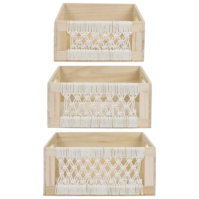 Home Deco Factory Juego 3 Cajas Madera Boho Algodón Paulownia 25-35 cm