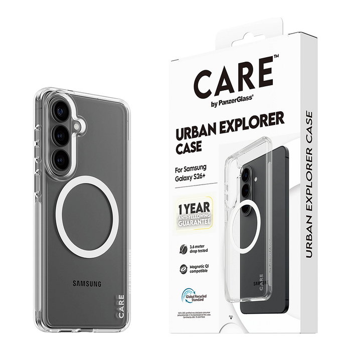 PanzerGlass CARE Urban Explorer Case Clear con Qi Blanco para Samsung Galaxy S26+ - Funda Transparente TPU Antiamarilleamiento