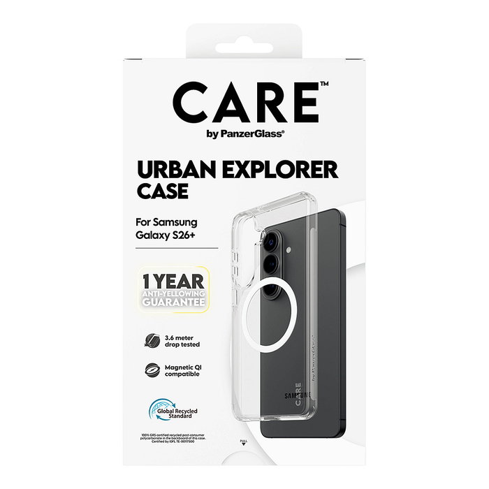 PanzerGlass CARE Urban Explorer Case Clear con Qi Blanco para Samsung Galaxy S26+ - Funda Transparente TPU Antiamarilleamiento