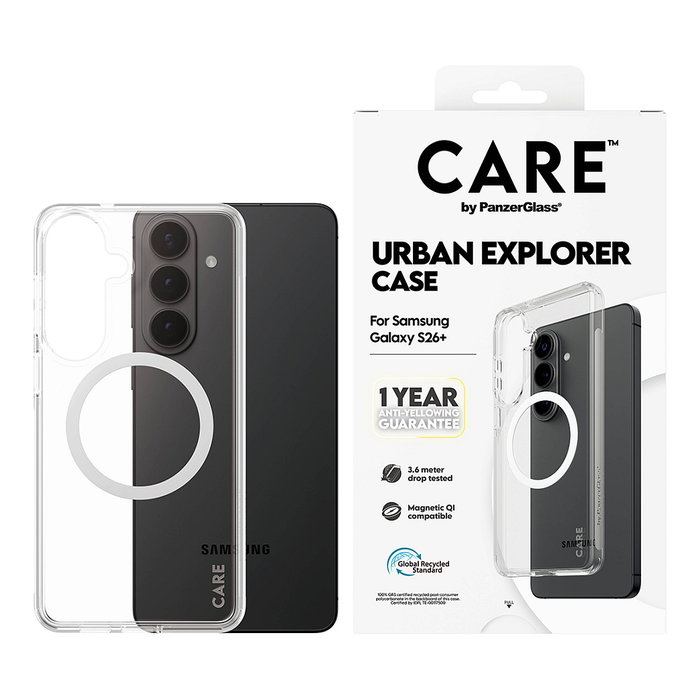 PanzerGlass CARE Urban Explorer Case Clear con Qi Blanco para Samsung Galaxy S26+ - Funda Transparente TPU Antiamarilleamiento