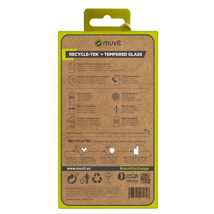 Muvit Funda + Glass Recycletek para iPhone 15 Pro, Fabricada con Material Reciclado y Reciclable, Pack Eco Responsable