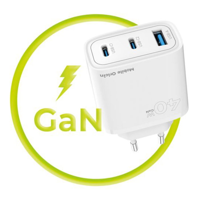 Mobile Origin MO13 Cargador GaN 40W Blanco 1x USB-A + 2x USB-C