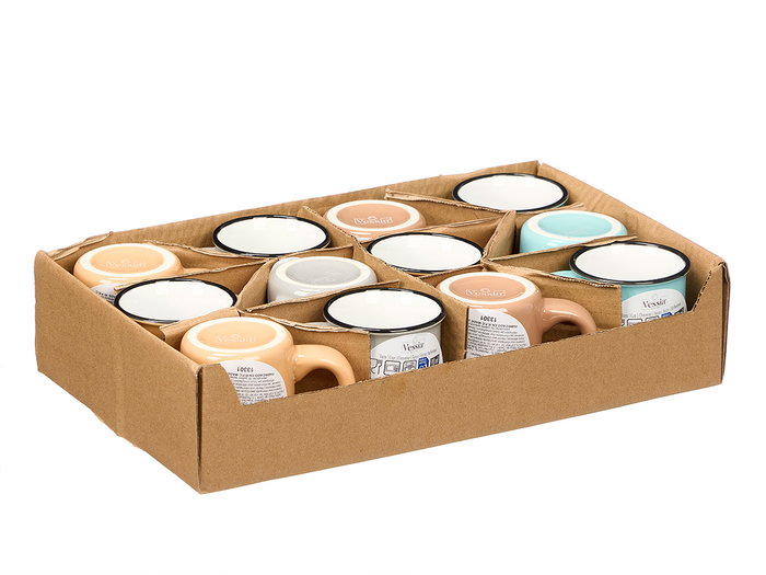 Vessia Taza Cafe 90 Ml con Asa, Borde Negro, Colores Claros Surtidos, Ceramica, 9x6x6 cm (Set de 48)