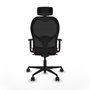 Silla de oficina Jorquera con mecanismo Sincro tapizada con Tela color Granate y malla color Negro. Equipada con lumbar 1D, Brazos 1D, Cabecero 2D y Ruedas 65mm nailon