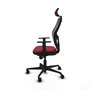 Silla de oficina Jorquera con mecanismo Sincro tapizada con Tela color Granate y malla color Negro. Equipada con lumbar 1D, Brazos 1D, Cabecero 2D y Ruedas 65mm nailon