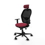 Silla de oficina Jorquera con mecanismo Sincro tapizada con Tela color Granate y malla color Negro. Equipada con lumbar 1D, Brazos 1D, Cabecero 2D y Ruedas 65mm nailon
