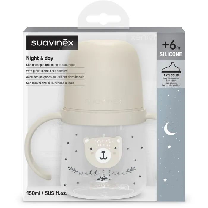 Suavinex - Biberón con Asa Night&Day Wild&Free, 150 ml, para Bebés a Partir de 6 Meses, Color Gris