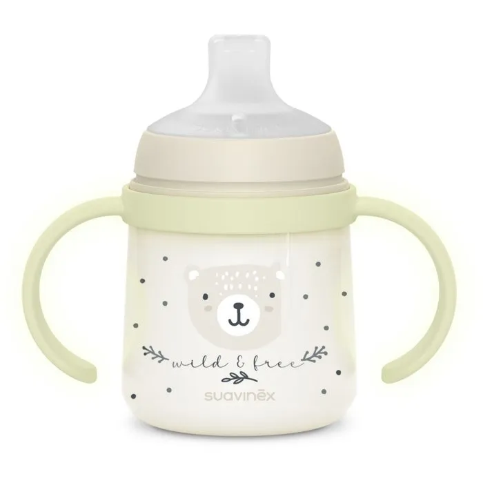 Suavinex - Biberón con Asa Night&Day Wild&Free, 150 ml, para Bebés a Partir de 6 Meses, Color Gris