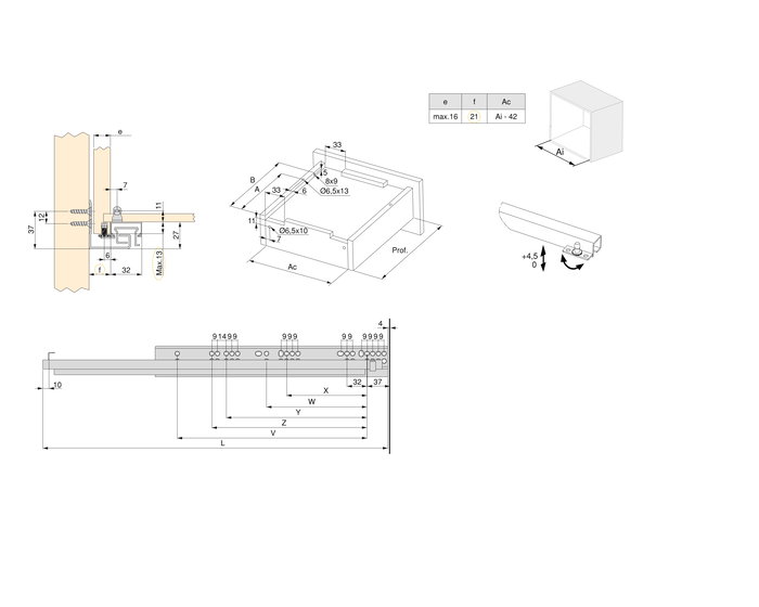 Emuca Juego de guías ocultas para cajones Silver, de extracción total, con cierre suave, profundidad 550mm, Acero, Cincado
