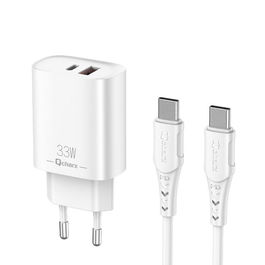 Qcharx Eros Cargador Rápido 33W con Cable USB-C a USB-C, 3 Puertos (USB-C + USB-A) Blanco