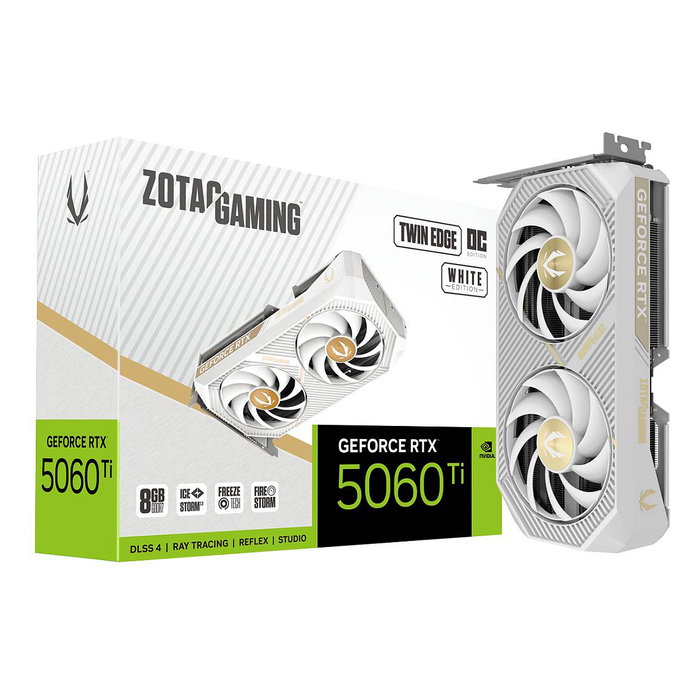 Zotac GAMING GeForce RTX 5060 Ti Twin Edge OC 8GB GDDR7 Blanco - Tarjeta Gráfica PCIe 5.0, 128-bit, 2602 MHz, 4 Salidas, SFF Ready, OC