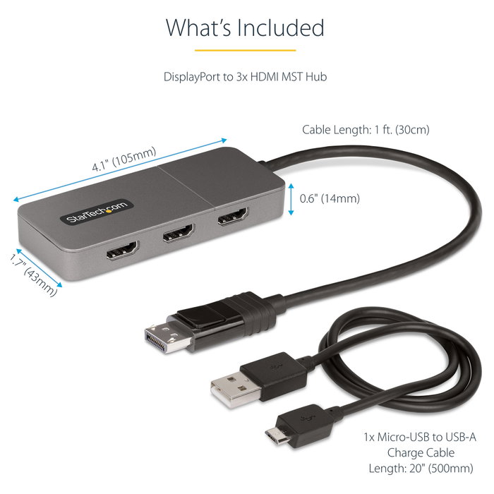 StarTech.com Hub MST 3 Puertos DisplayPort a 3 HDMI 4K60Hz DP 1.4 Multimonitor Alimentado por USB Solo Windows StarTech.com Hub MST 3 Puertos DisplayPort a 3 HDMI 4K60Hz DP 1.4 Multimonitor Alimentado por USB Solo Windows