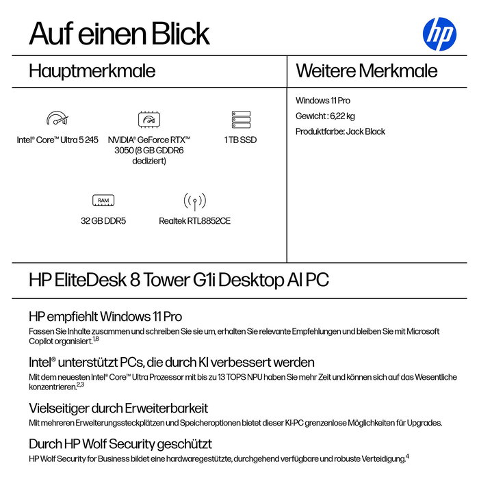 HP ELITEDESK 8 G1I CU5-245/32GB RAM/1TB SSD/RTX 3000/Windows 11 Pro Torre