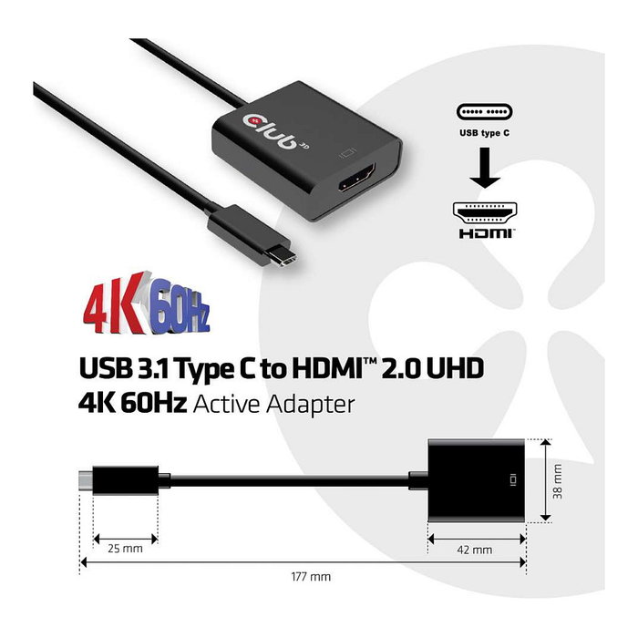 Club 3D Adaptador USB 3.1 Tipo C a HDMI 2.0 Activo Macho a Hembra 4K UHD HDR 60Hz 0.15m Club 3D Adaptador USB 3.1 Tipo C a HDMI 2.0 Activo Macho a Hembra 4K UHD HDR 60Hz 0.15m